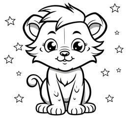 Obraz premium Cute lion looking at the star, coloring page.