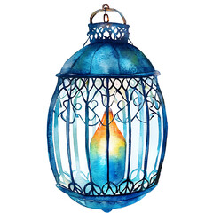 Watercolor lantern with candle inside, glowing softly