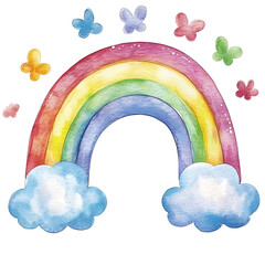 Colorful watercolor rainbow with clouds and butterflies