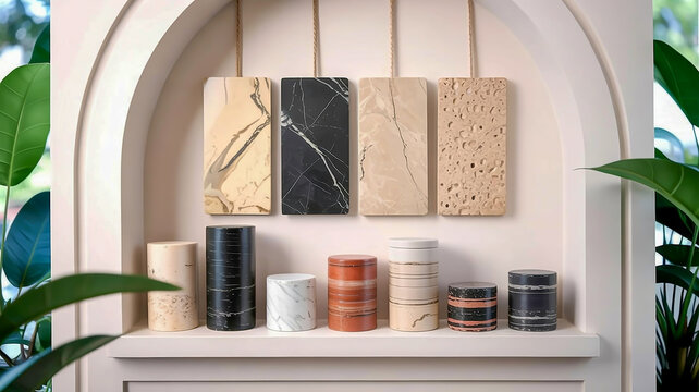 A minimalist product photography setup featuring a row of cylindrical and rectangular stone samples mounted on a white wall with an arched alcove