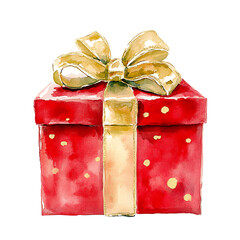 Festive red gift box with gold ribbon and bow, watercolor style