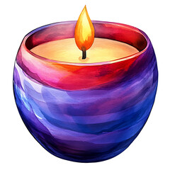Colorful watercolor painting of lit candle round holder with