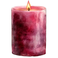 Watercolor painting of pink candle with lit flame, creating warm