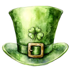 Watercolor illustration of green leprechaun hat with four leaf