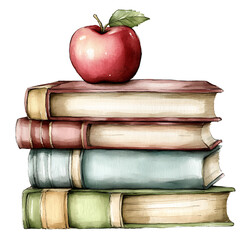 Stack of colorful books with red apple top, watercolor style