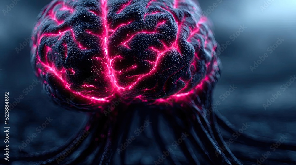 Poster overthinking mind for fear, worry and healing concept. abstract representation of a glowing brain wi