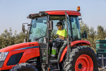 Farmer consulting tablet while driving tractor in Andalusia olive grove