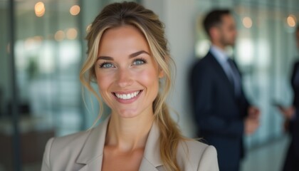 Fototapeta premium Confident businesswoman smiling in a modern office