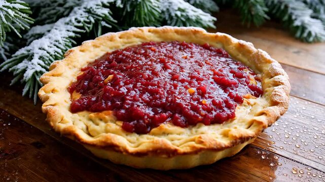 A pie topped with cranberry sauce being cranked by hand.