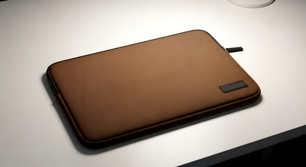Brown laptop sleeve with a minimalist design, resting on a white desk, ideal for protection.