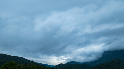 A dramatic view of a lush, forested mountain peak shrouded in thick clouds, capturing the raw beauty and mystique of nature under an overcast sky.