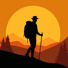 "Cute Crocodile Vector Line Art & Hiker Sunset Silhouette - Funny Animal Cartoon & Outdoor Adventure Clipart"