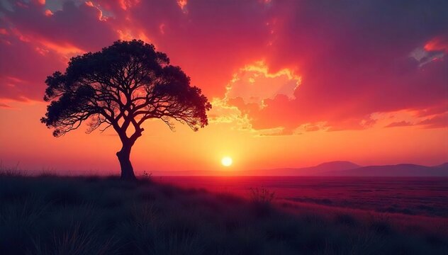 A lone tree stands silhouetted against a vibrant sunset, utterly isolated on a vast, empty plain The feeling of solitude and remoteness is palpable , lonely, landscape, silhouette