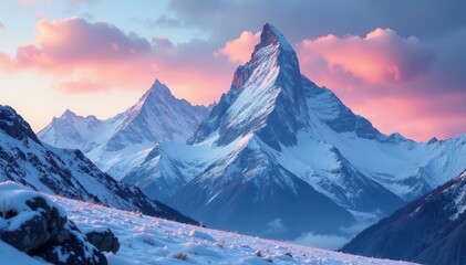 Obraz premium Jagged peaks pierce a dramatic sky, snow blankets slopes , cold, summit, mountainscape