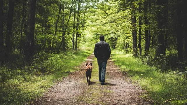 Man and dog walking on a forest path