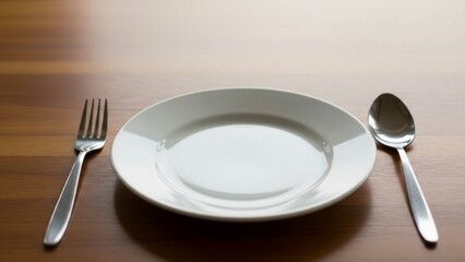 Empty white plate with fork and spoon on wooden table, set for a meal. Simple and clean dining setup ideal for food presentations, restaurant menus, or culinary backgrounds