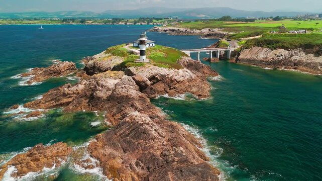 Aerial view of Faro de Ribadeo lighthouse in Lugo, Galicia, Spain.
