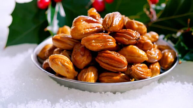 A bowl of nuts with holly and berries decoration.