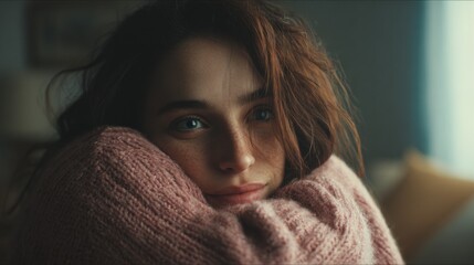 Cozy portrait of a young woman with freckles and long brown hair, embracing a soft pink sweater, enjoying a quiet moment of comfort and relaxation at home