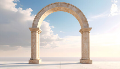 Fototapeta premium Stone Archway with Columns in Vast Open Landscape Under Clear Sky, Solitary Architectural Structure