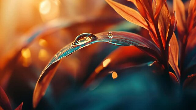 Raindrop glistening on leaf with ethereal sunlight reflections at dawn