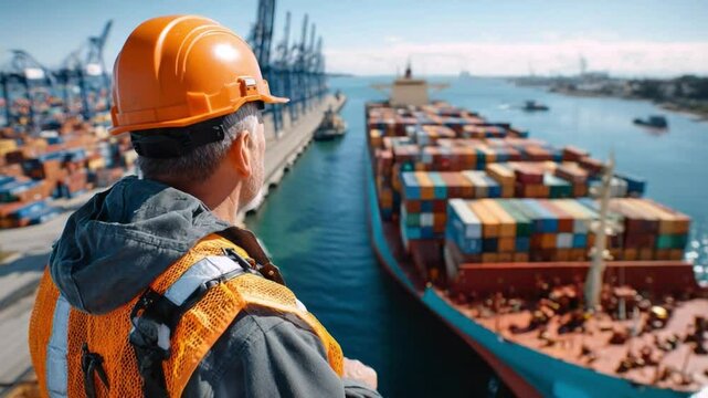 Dockworker Supervising Cargo Ship: A focused dockworker in safety gear oversees a large cargo ship laden with colorful containers at a bustling port.