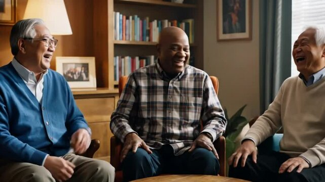 Group of happy elderly men laughing and talking