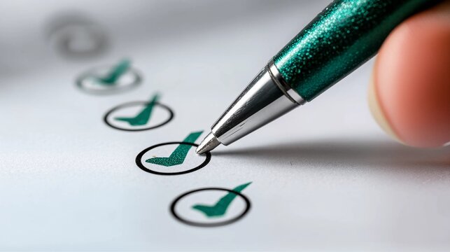Hand marking a checkmark on a paper checklist - concept of task completion and achievement