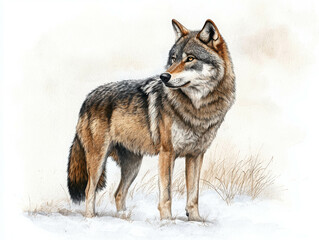 Fototapeta premium Majestic Wild Wolf Standing on Snowy Ground with Detailed Fur Texture and Natural Background