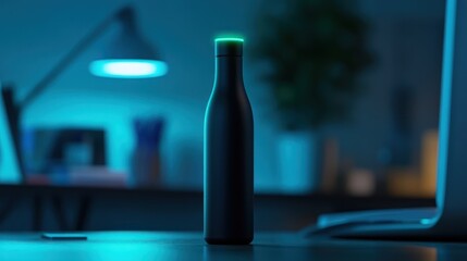 Black water bottle in a dimly lit room