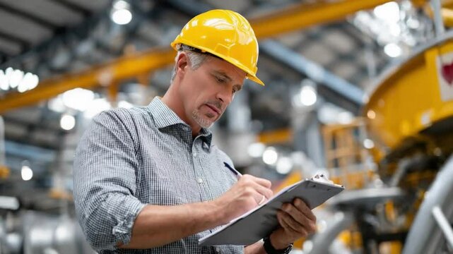 Meticulous Inspection: A skilled professional, adorned in a yellow hardhat, meticulously reviews crucial details, pen in hand, within a dynamic industrial setting. 