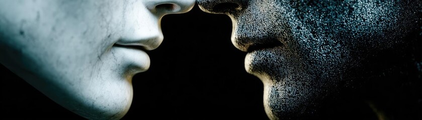 Anxiety symptoms through emotional healing and support concept. A close-up of two faces drawing near, symbolizing connection.