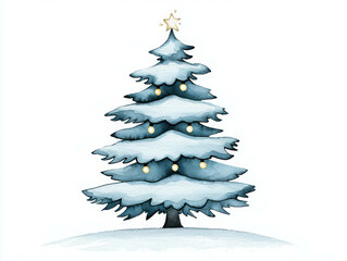 Obraz premium Winter Wonderland Scene Featuring a Beautiful Snow-Covered Christmas Tree with Bright Ornaments and a Shining Star on Top in a Minimalist Style