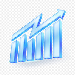 3D glass bar graph with an upward-pointing arrow, symbolizing business growth, financial success, and data visualization. Ideal for finance, analytics, and presentation. Vector Illustration.