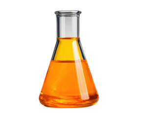 Bright orange liquid in laboratory flask for science experiments on a transparent background, cut out