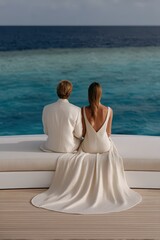 Fototapeta premium Romantic couple enjoying serene ocean sunset together while seated on a stylish sofa overlooking clear turquoise waters in a peaceful tropical setting radiating joy and tranquility