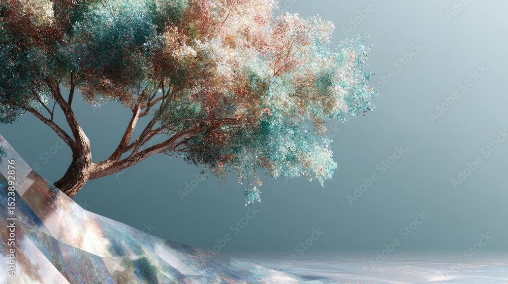 Poster stress relief in grief recovery and hope focus concept. a serene tree showcasing colorful foliage in