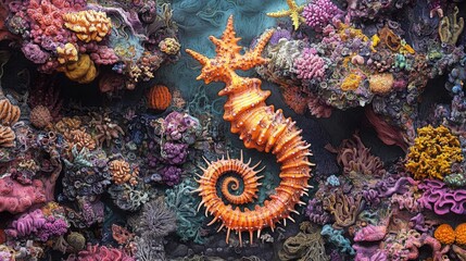 Vibrant Coral Reef Scene Featuring A Striking Seahorse