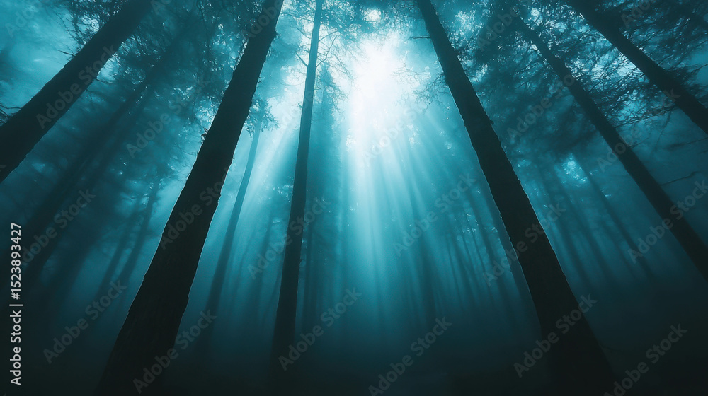 Poster majestic forest scene with tall trees and mysterious fog illuminated by soft light in a serene and e
