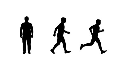 Silhouette vector of a man in three stages: standing, walking, and running. Represents movement, fitness, and progress. Ideal for sports, health, or lifestyle themes