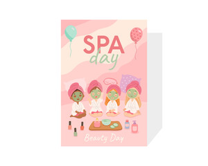 Vertical spa poster with pink background, girls in towels and face masks, candles, bottles, and flowers, perfect for spa day and skincare promotions. Vector illustration