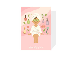 Girl in a Robe Relaxing on a Spa Day with Towel, Candles, Nail Polish, and Flowers for a Serene Beauty Day Experience. Vector illustration