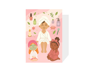 Vertical pink spa day poster with diverse girls in towels and robes, surrounded by bottles, flowers, and cosmetics for wellness and skincare events. Vector illustration