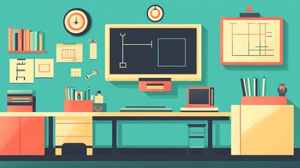 Minimalist Workspace Illustration with Desk, Blackboard and Shelves