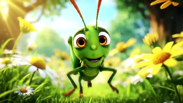 Adorable 3D Animated Grasshopper in a Flower Meadow