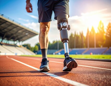 Injured male athlete walking on sports track with prosthetic leg du sunset