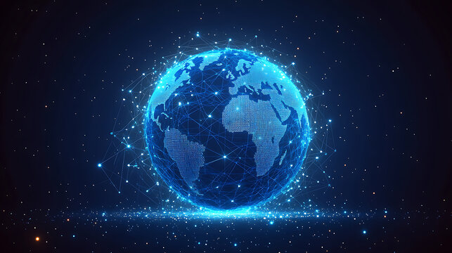 Digital world connection globe with network lines on dark blue background representing global communications