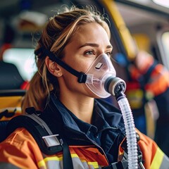 Female emergency rescue worker in uniform with breathing mask inside ambulance vehicle