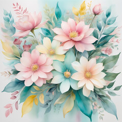 Soft pastel hues dance across a bright white backdrop, featuring an array of watercolor-style flowers and foliage that evoke a sense of freshness and tranquility. 