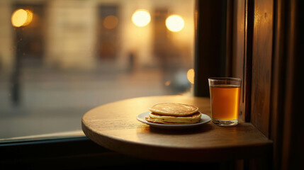 Fototapeta premium Cozy Morning Scene with Pancakes and Juice on a Wooden Table by the Window with Soft Lighting and Street View